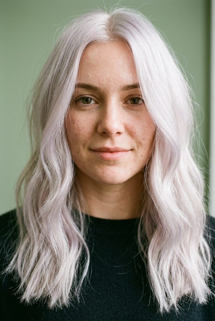 Woman with arctic ice blonde hair color featuring luminous silver tones