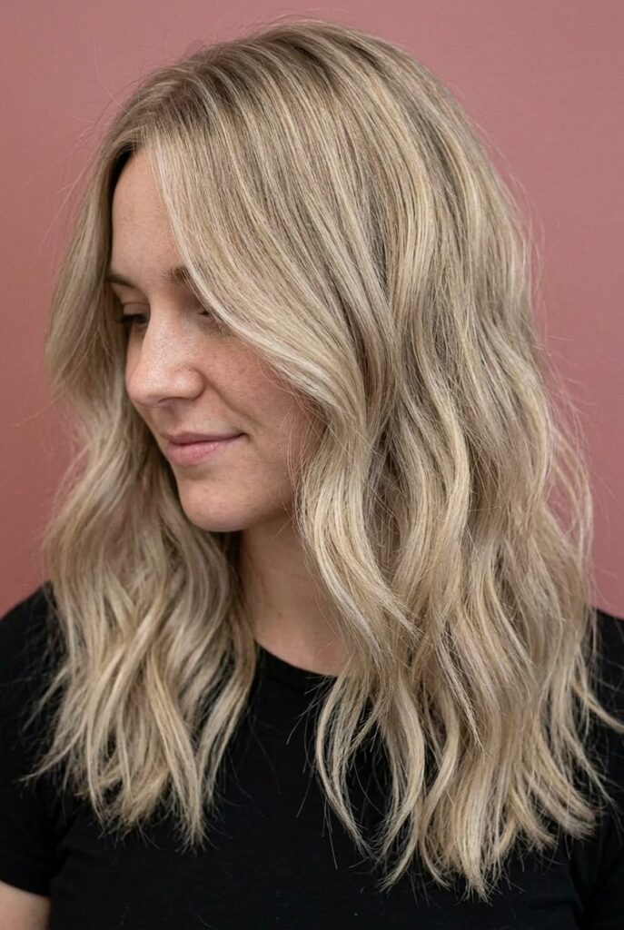 Soft baby blonde hair color with warm, sun-kissed natural reflection
