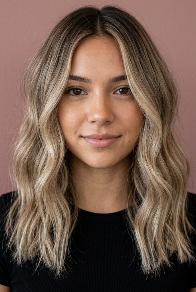 Dimensional beige bronde hair color with warm lowlights and deep root melt