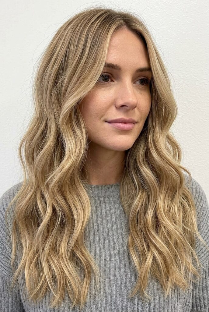 Multi-tonal blended honey blonde hair with sun-kissed dimensional highlights