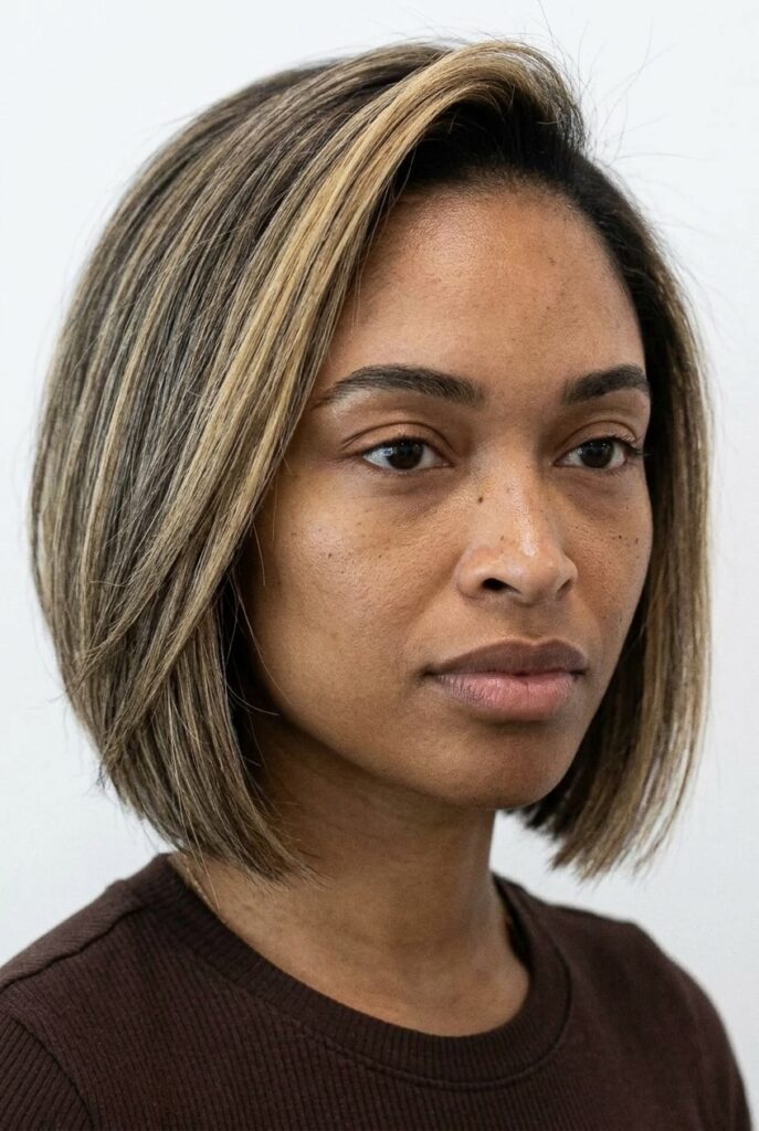 Woman with blonde bob haircut featuring honey highlights and cool deeper roots