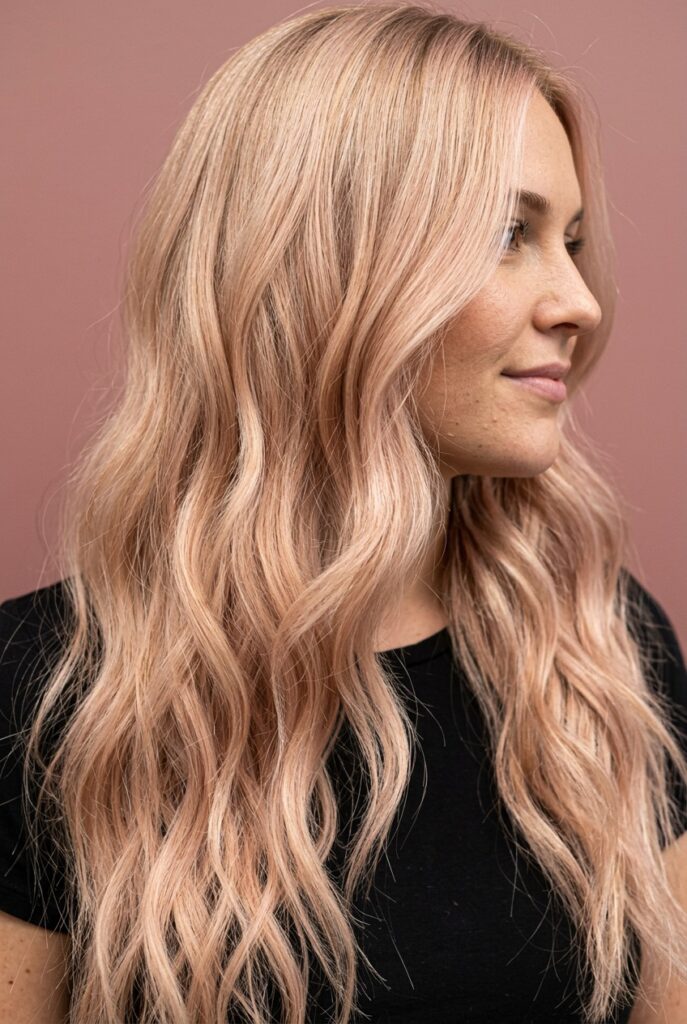Warm bright blonde hair with creamy beige and soft peachy highlights