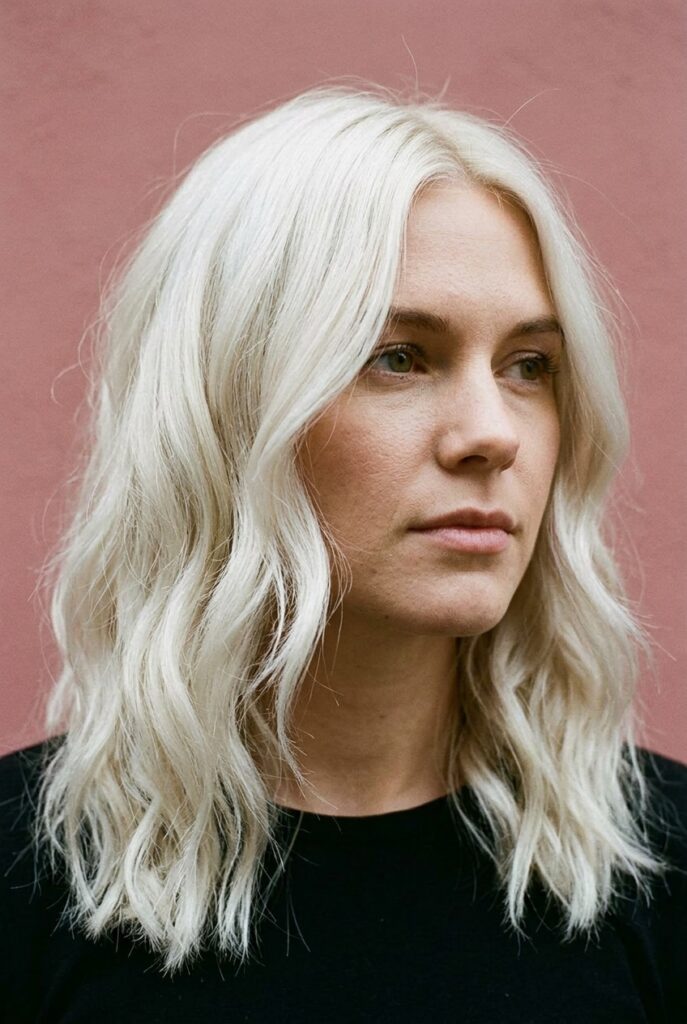 Cool bright platinum blonde hair color with luminous icy finish