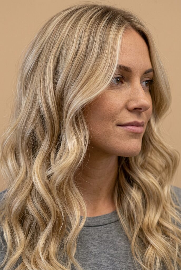 Buttery blonde hair color with golden highlights and lowlights for dimension