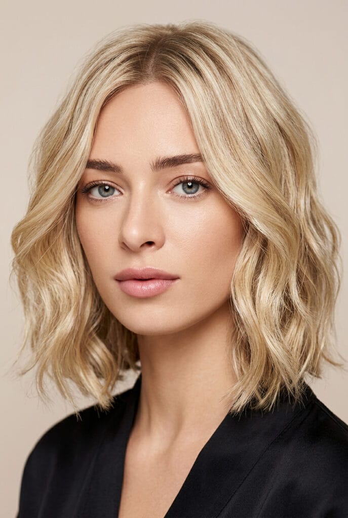wavy blonde bob haircut for women with soft face framing layers