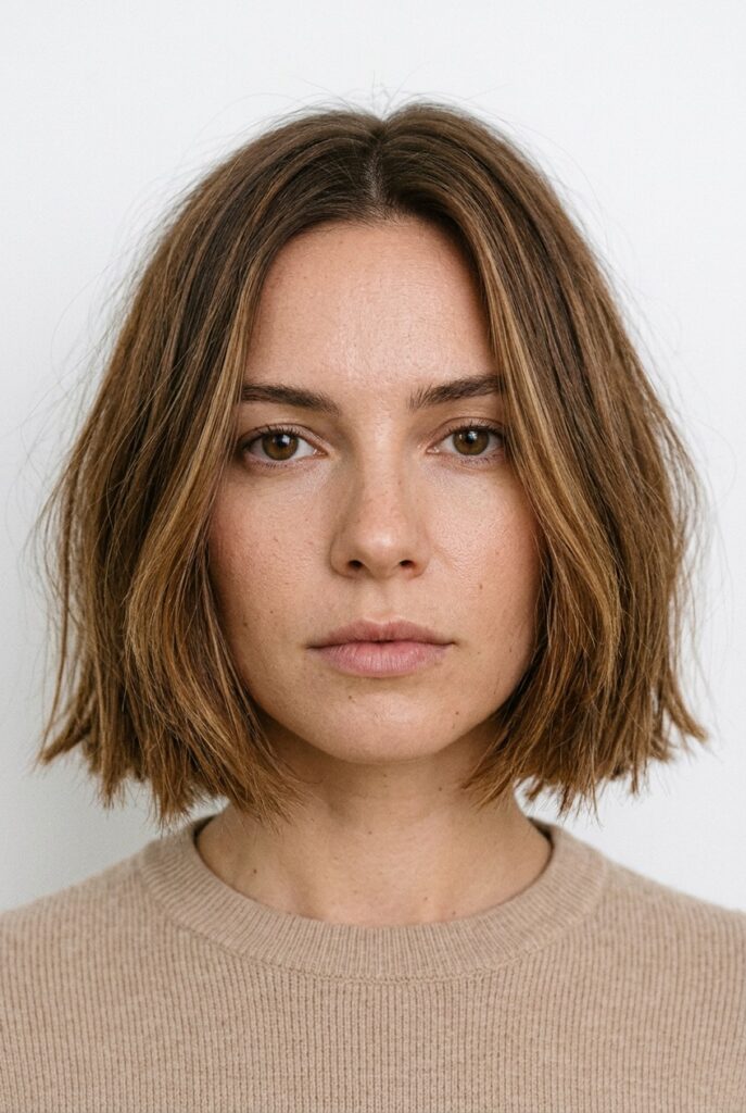 Blunt bob with subtle layers for fine hair, featuring a soft chin-length shape and natural volume