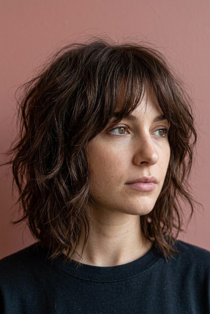 Blunt-cut lob with choppy layers, wavy texture, and a modern shoulder-length shape
