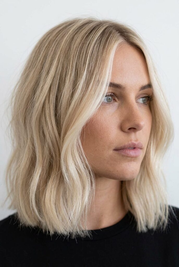Long blunt haircut with soft cheekbone face-framing pieces on woman