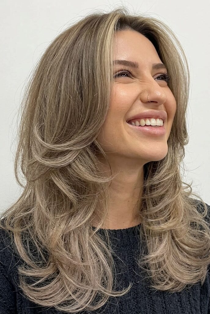 Butterfly haircut with voluminous layers, face-framing pieces, and soft bouncy movement