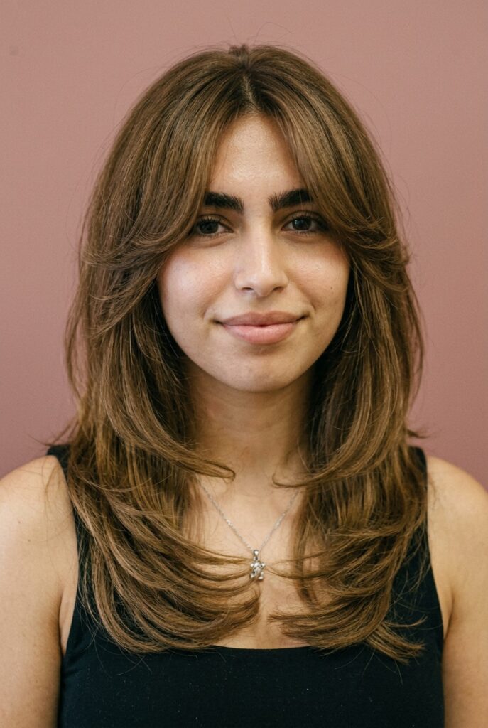 Woman with C-shaped long layers curving softly around the face