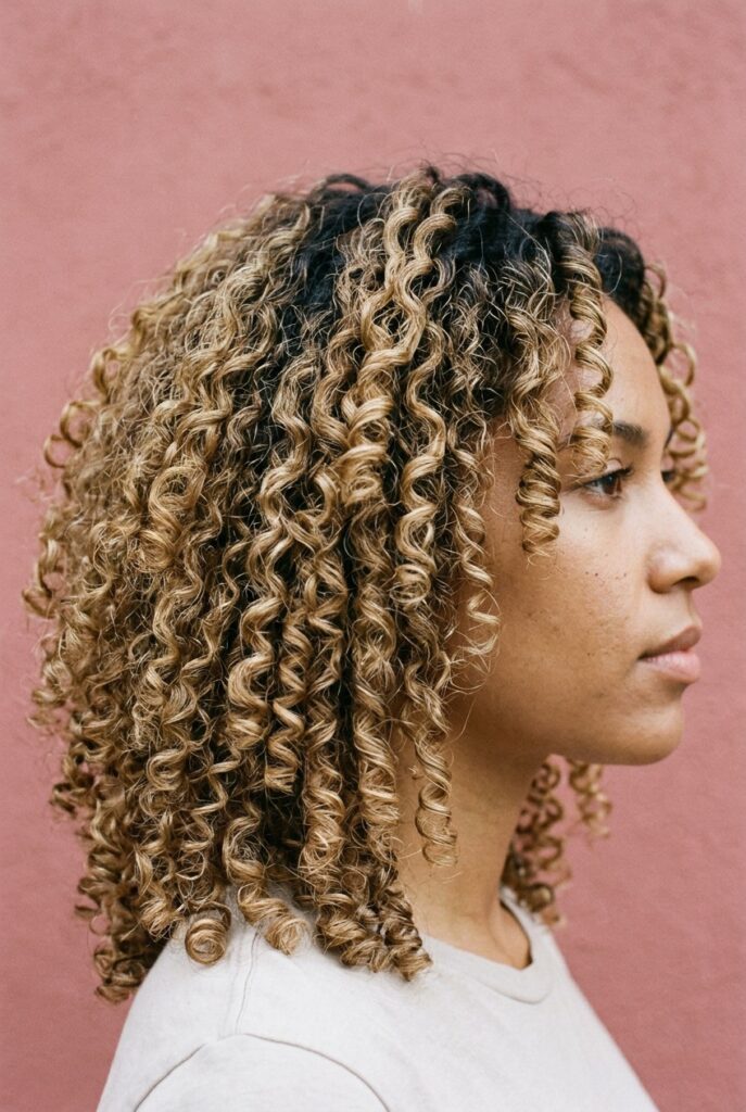 Woman with caramel blonde curls featuring deep brown base and honey highlights