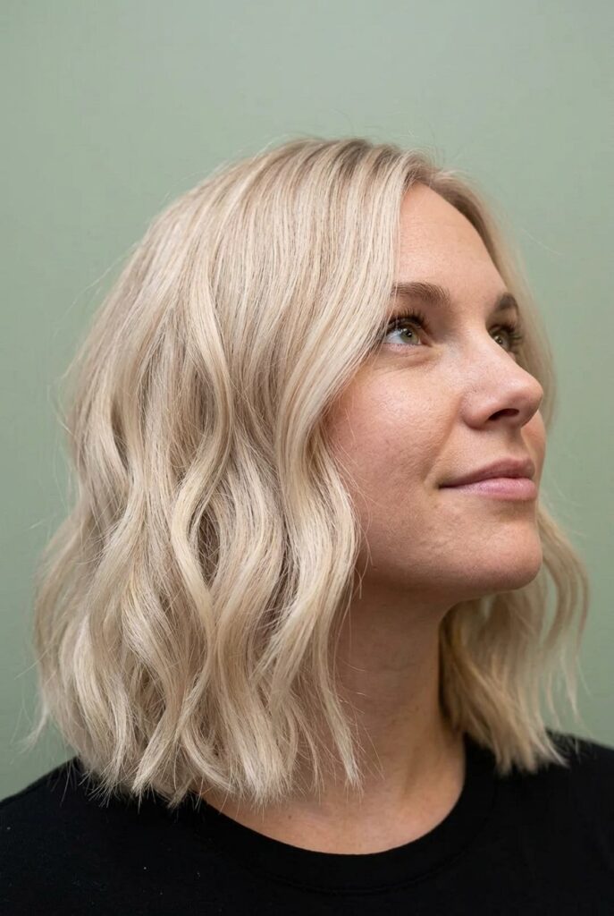 Elegant champagne blonde hair color with refined cool undertones