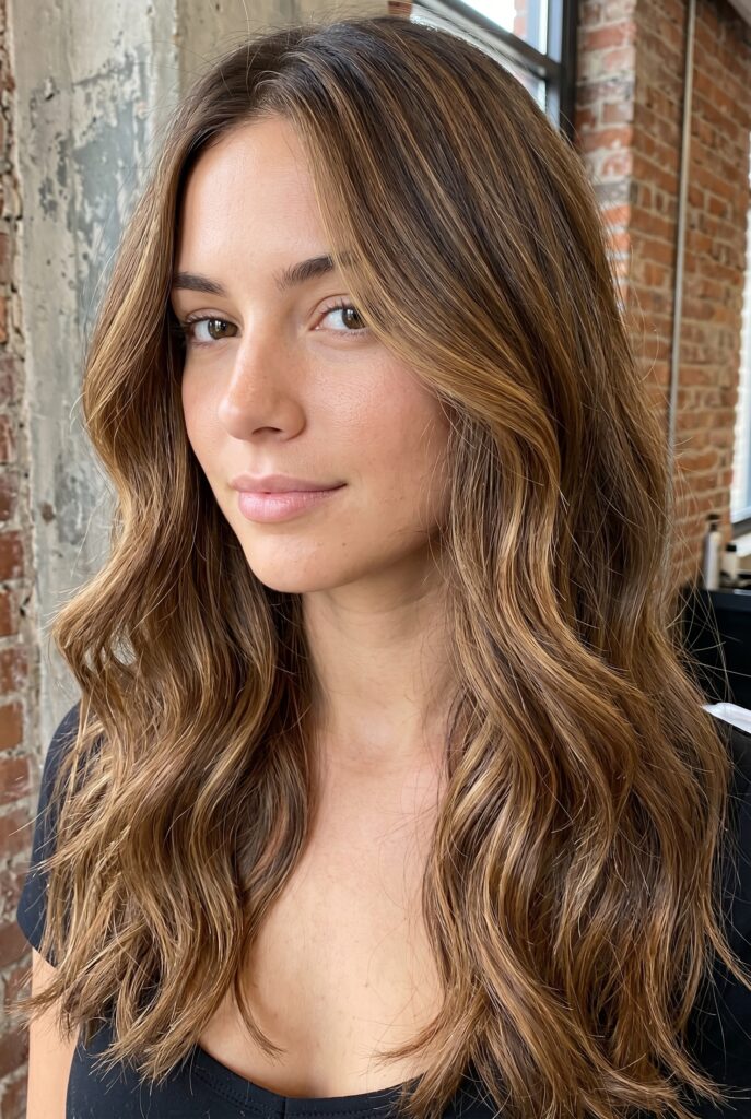caramel ribbons brunette hair warm dimensional highlights 2026