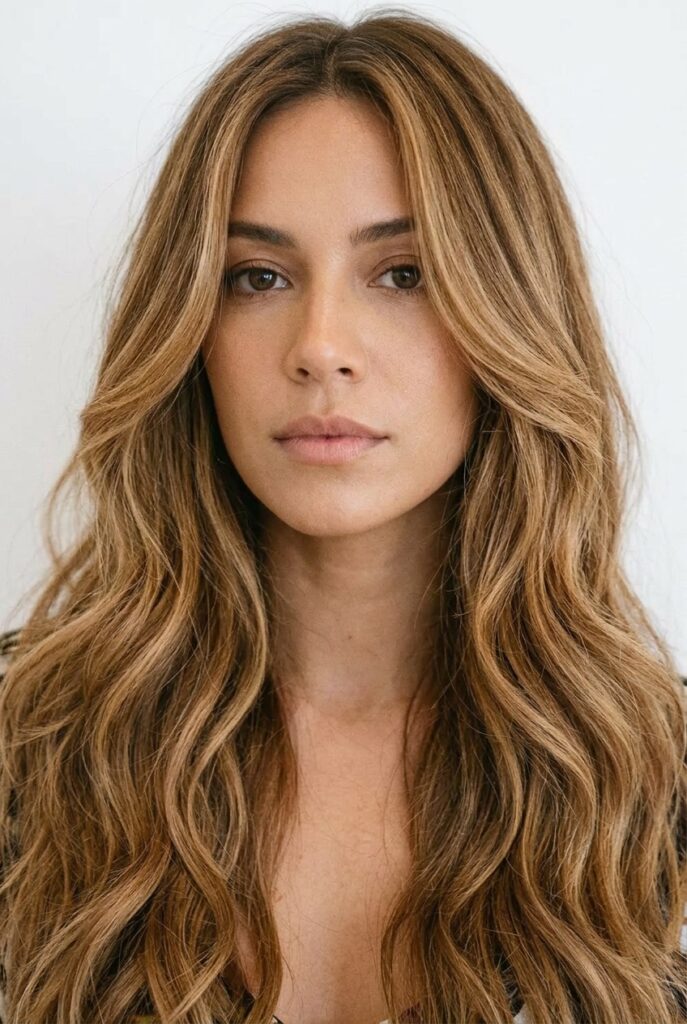Long thick hair with chandelier layers and cascading face-framing volume