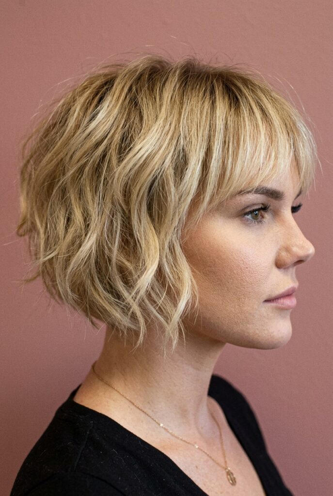 Choppy layered bob with textured ends and youthful movement for straight or wavy hair