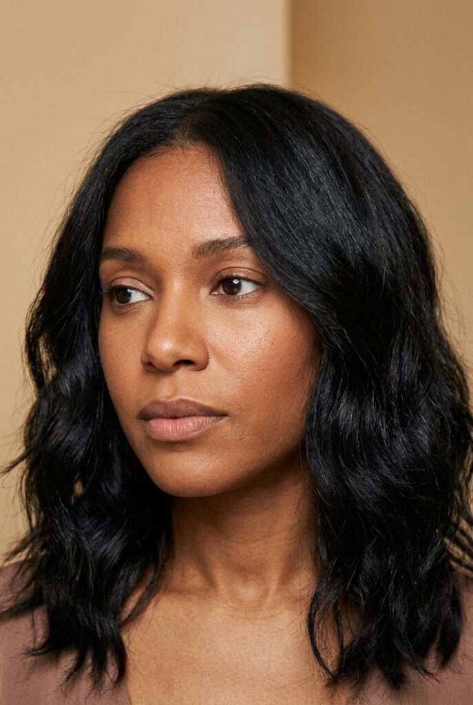 Choppy layers on medium-length thick hair with undone waves and textured volume