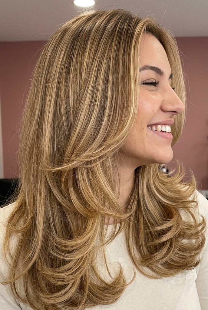Woman with classic long layered haircut adding movement and shape