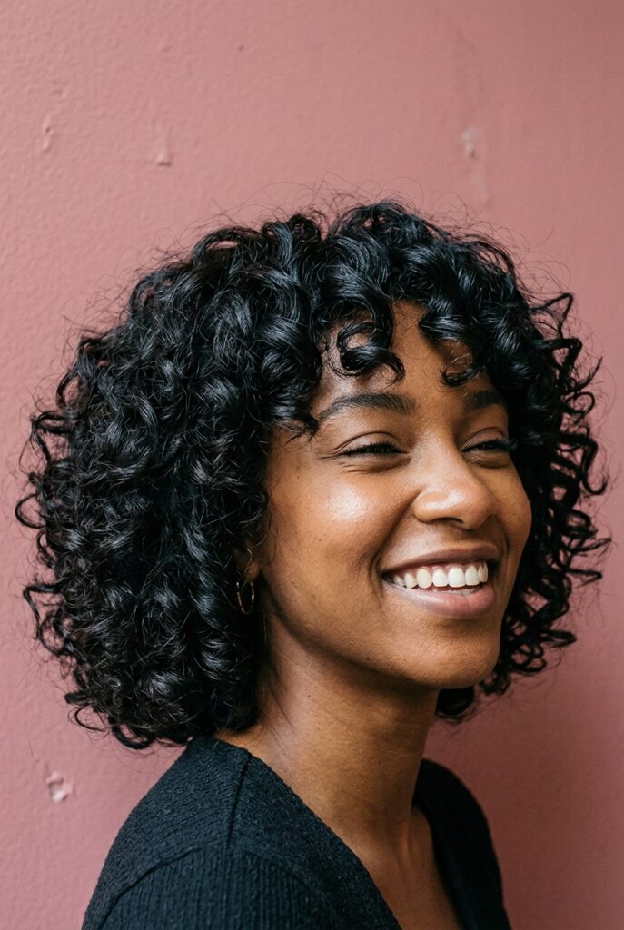 Woman with a cropped bob featuring voluminous big curls above the shoulders