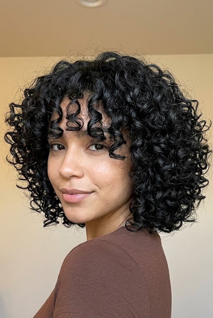 Woman with a cropped bouncy curl hairstyle also known as a French crop with faded sides