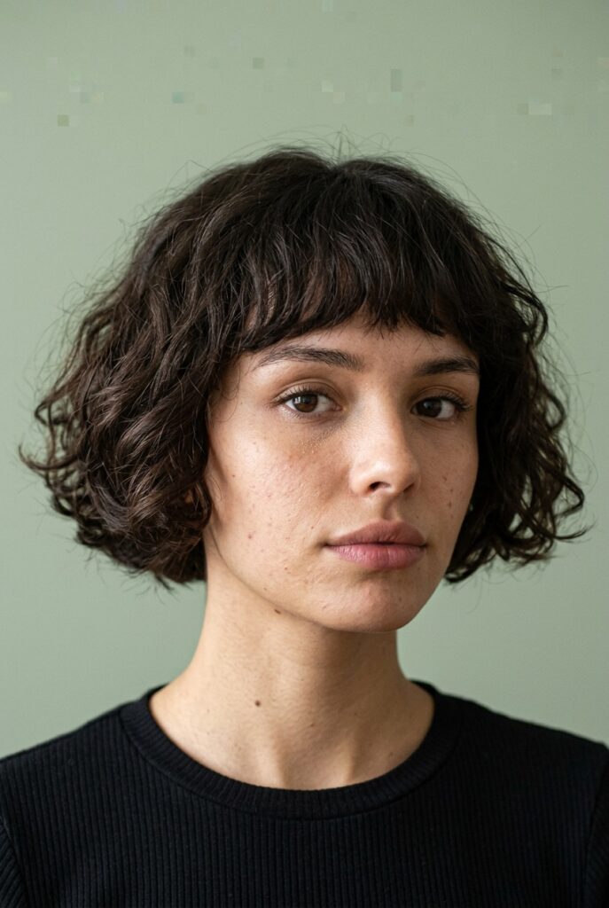 Woman with a curly bob and ultra-short micro bangs styled above the eyebrows