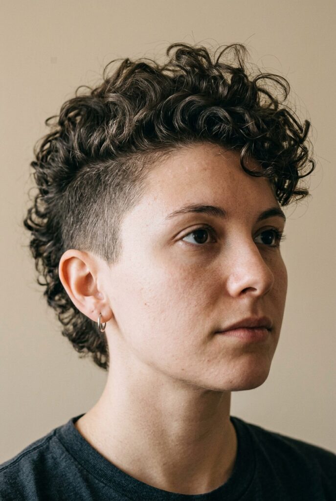 Woman wearing a bold curly mohawk hairstyle with shaved sides and a textured curly crown