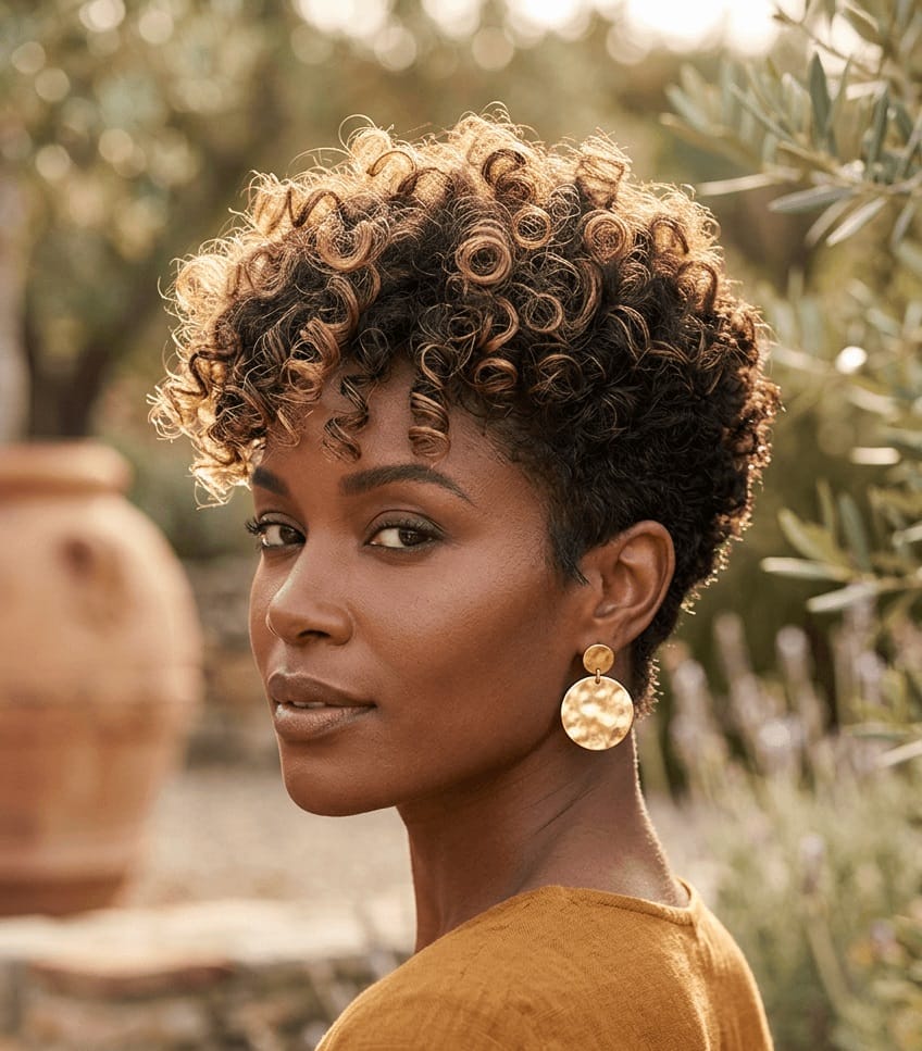 curly short pixie cut with volume and curl definition for women