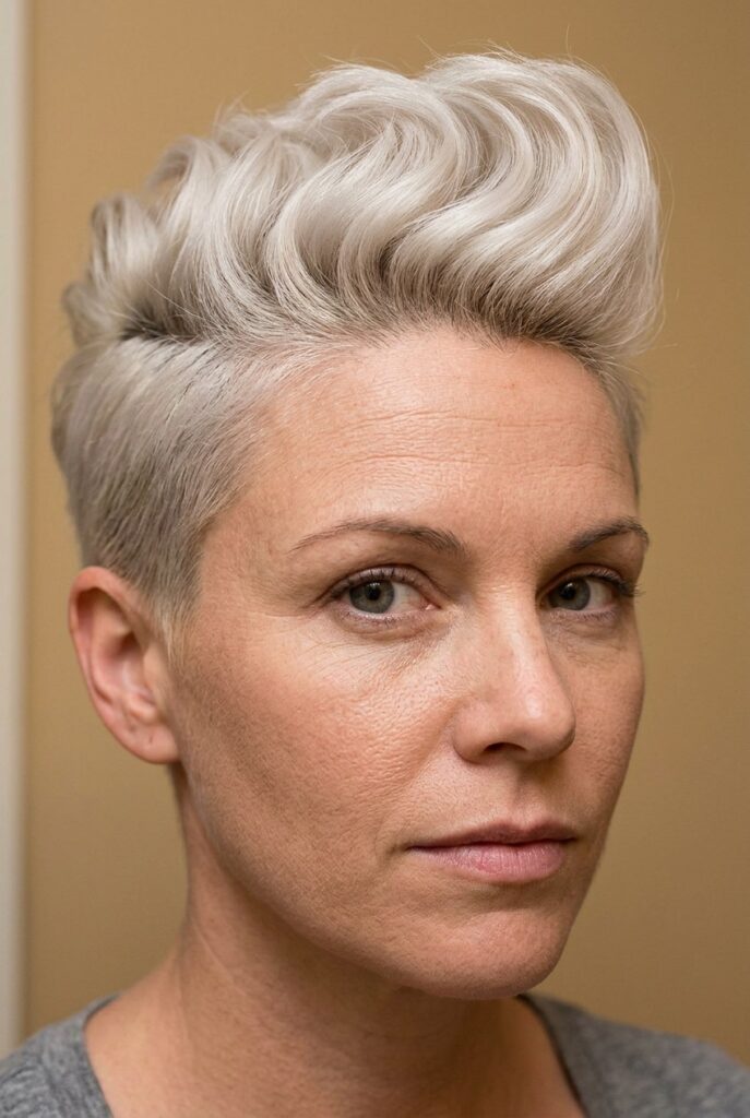 Woman with a curly pompadour hairstyle featuring voluminous curls swept upward with tapered sides