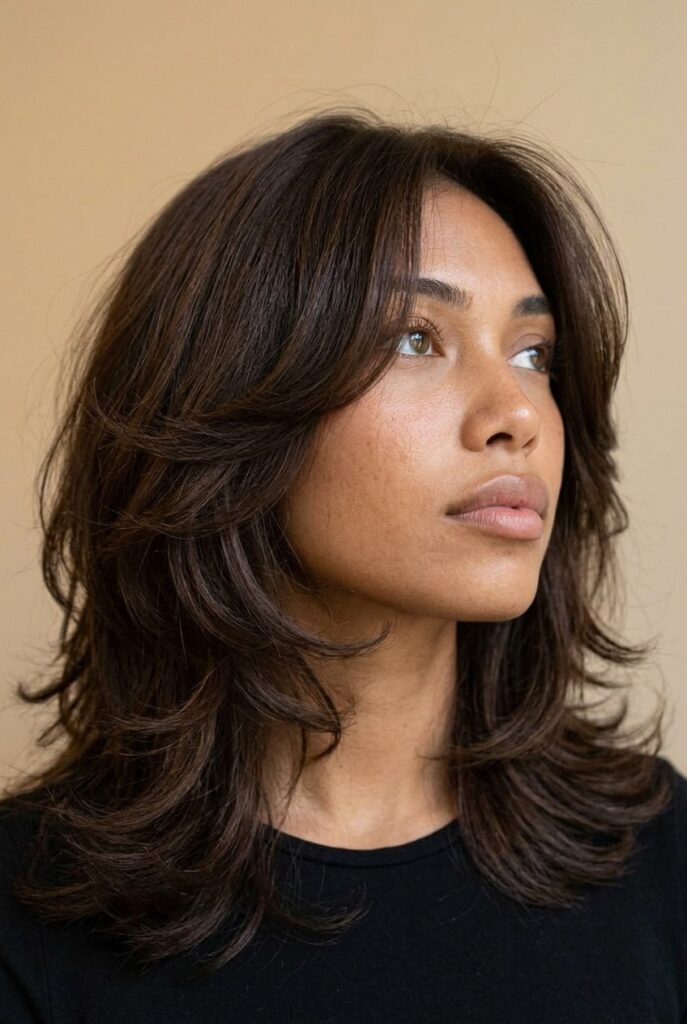 Mid-length layered haircut with curtain fringe and soft face-framing layers for fine hair