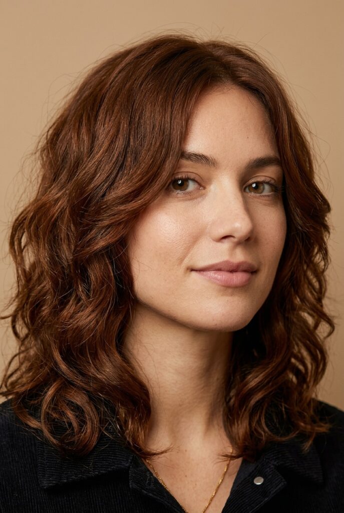 Medium-length thick hair with face-framing long layers and soft movement