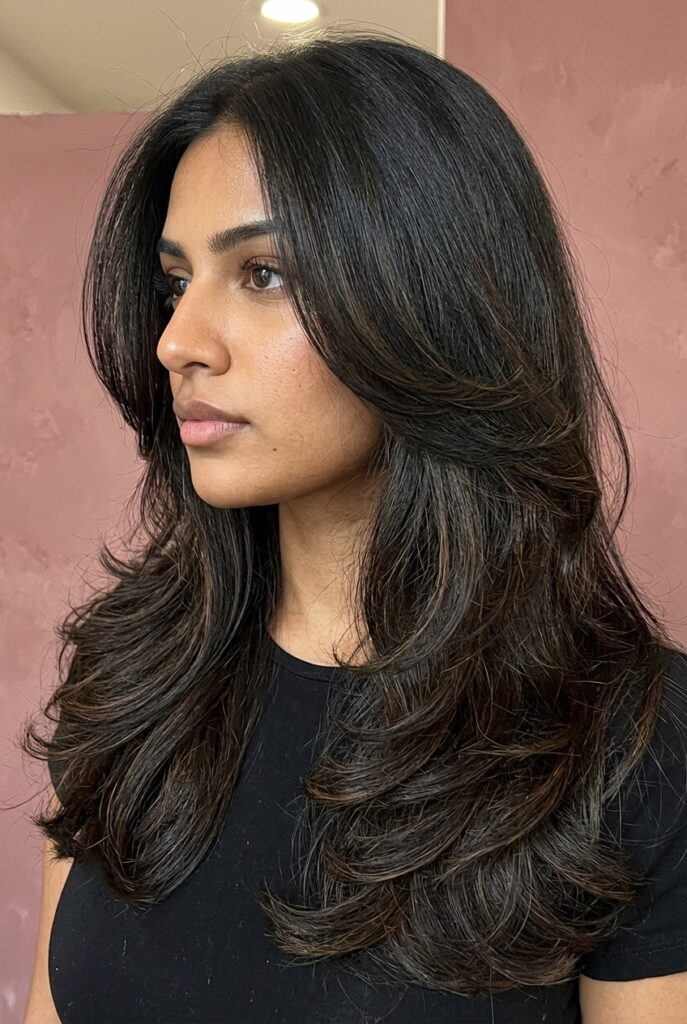 Feathered long layers creating soft, airy movement on woman's hair