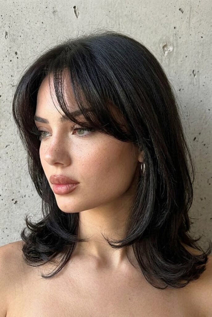 feathered shoulder length haircut brunette layered volume 2026