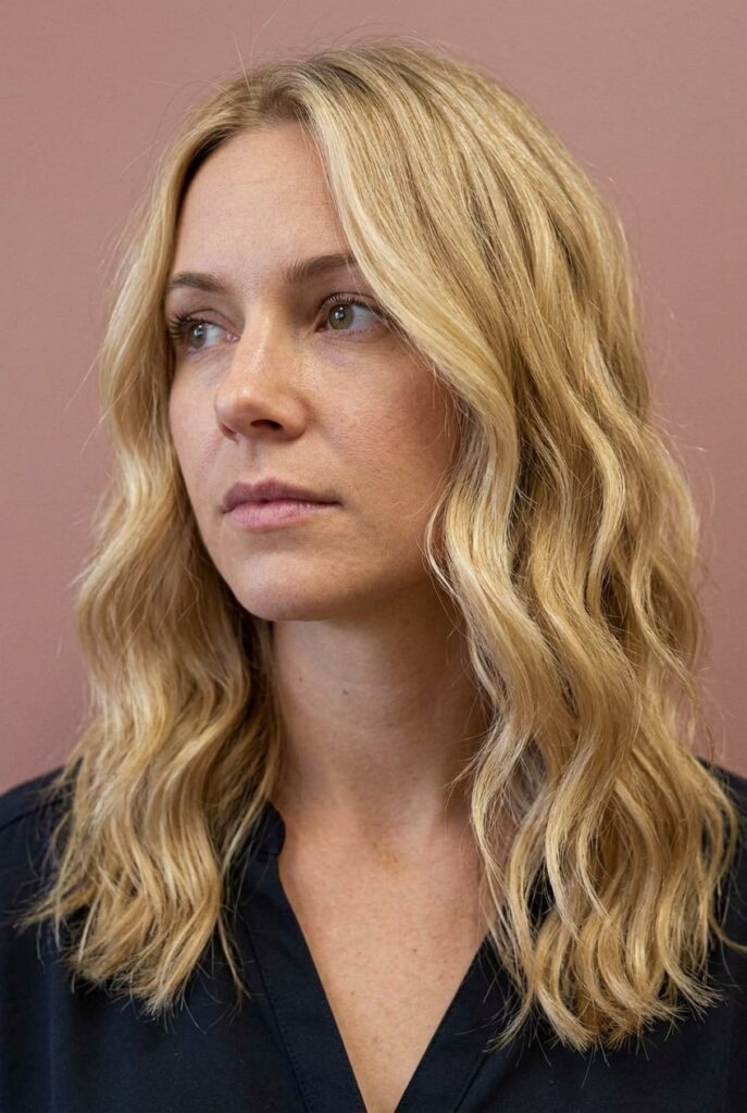 Warm golden butter blonde hair color with subtle honey-like highlights