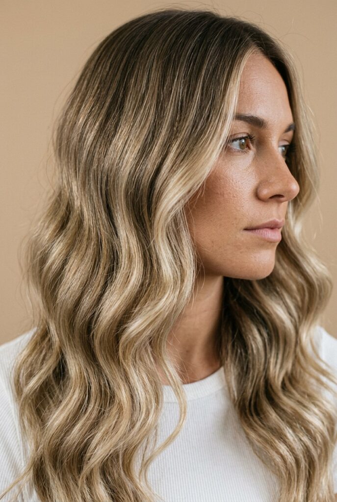 Glossy greige blonde hair with beige and cool tones for radiant shine