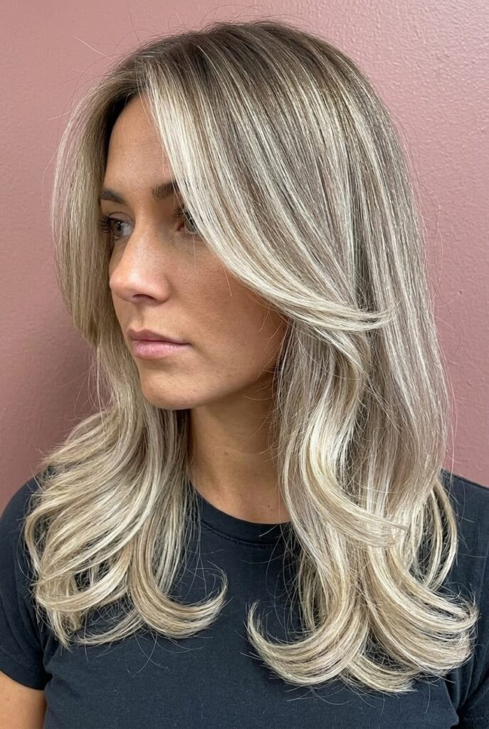 Dimensional glowing blonde with honey highlights and ashy blonde lowlights