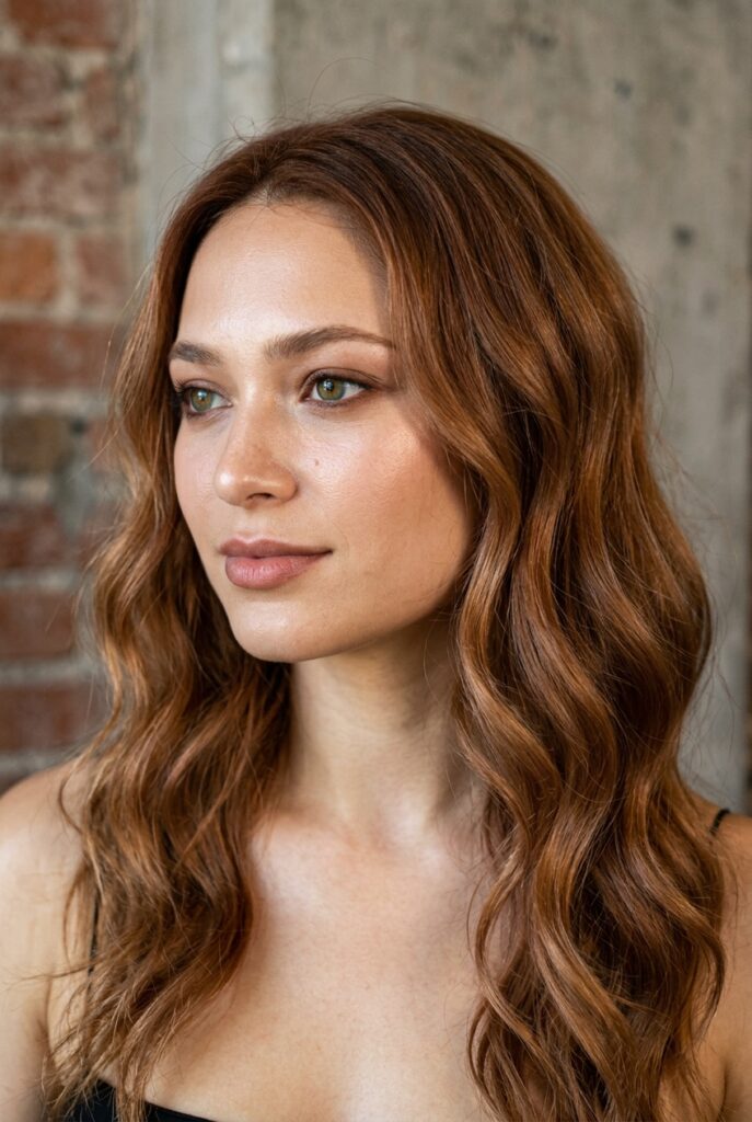 glossed chestnut brunette warm shiny dimensional hair color 2026