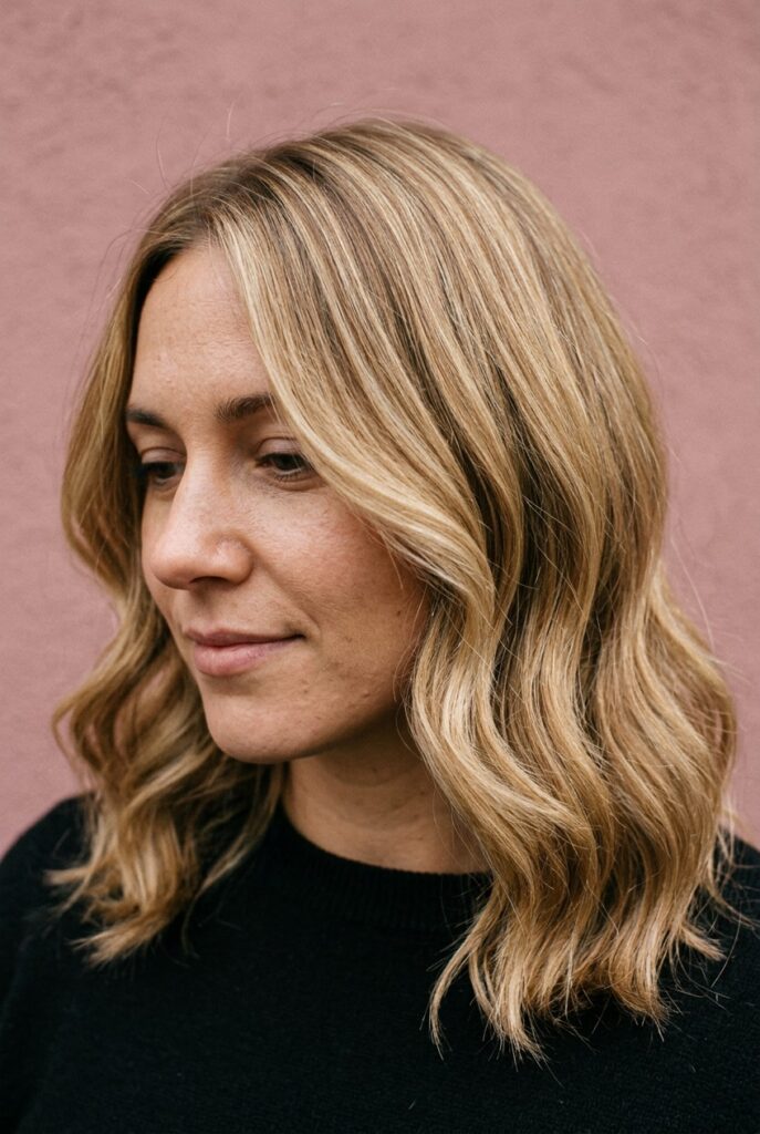 Dimensional honey blonde hair with warm golden hue and subtle highlights