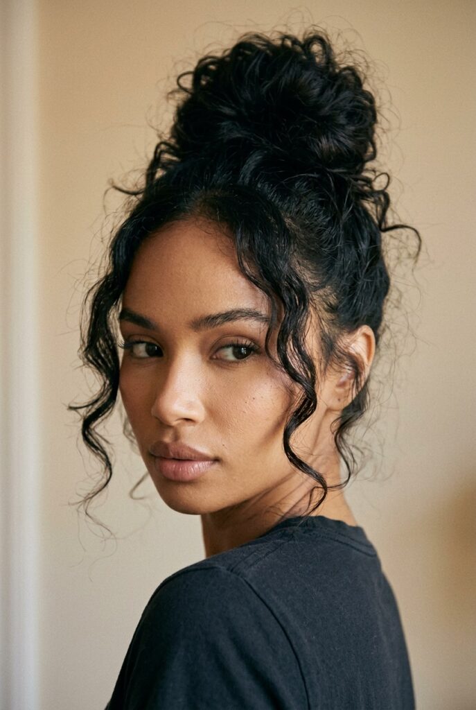 Woman with a half-up half-down curly hairstyle featuring a bun and flowing face-framing curls