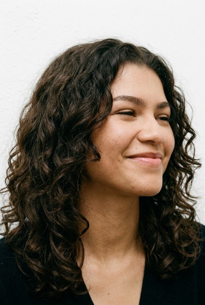 Medium-length curly hair with heavy layers and defined, voluminous curls
