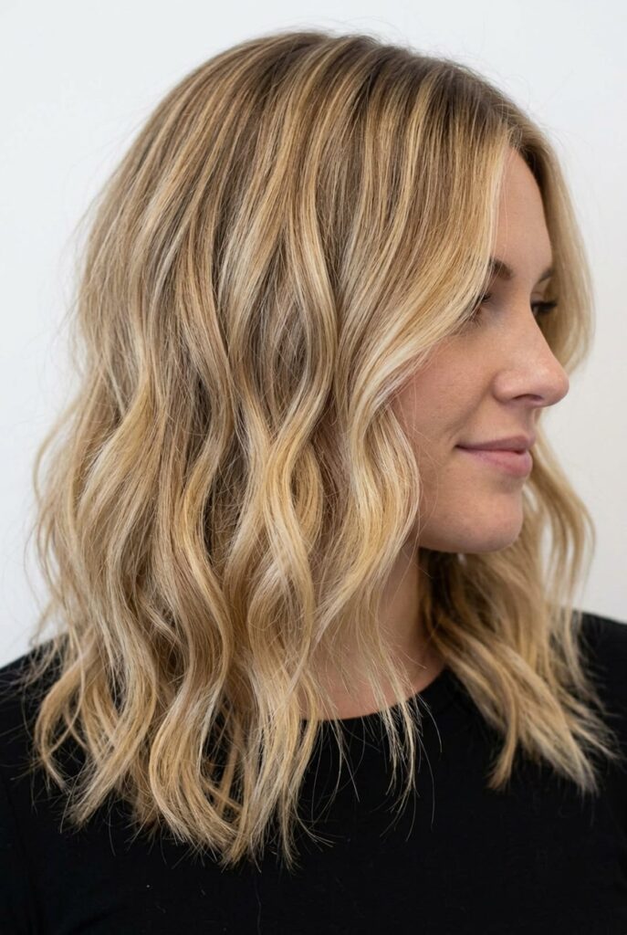 Iridescent champagne blonde with varying honey and shimmering champagne tones