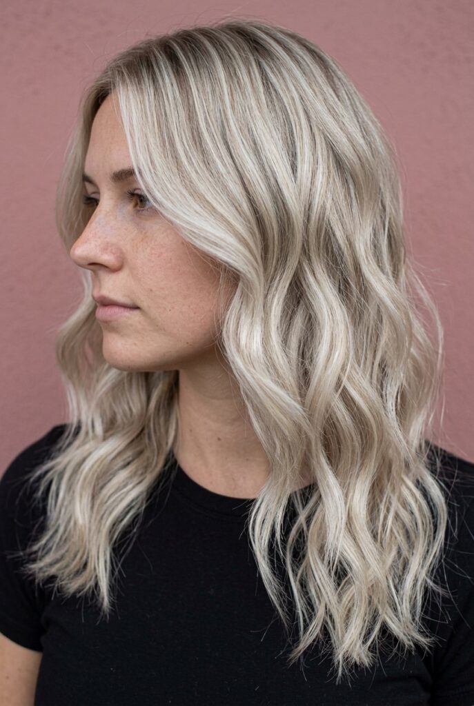 Modern icy blonde hair color with crisp ashy tone and shimmering highlights