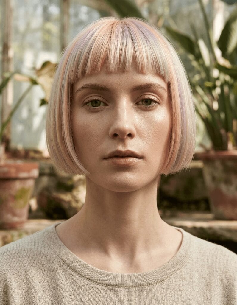 classic blonde bob with bangs jaw length sleek hairstyle