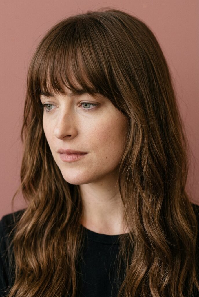 Long fine hair with Jane Birkin fringe and subtle layers for a soft face frame