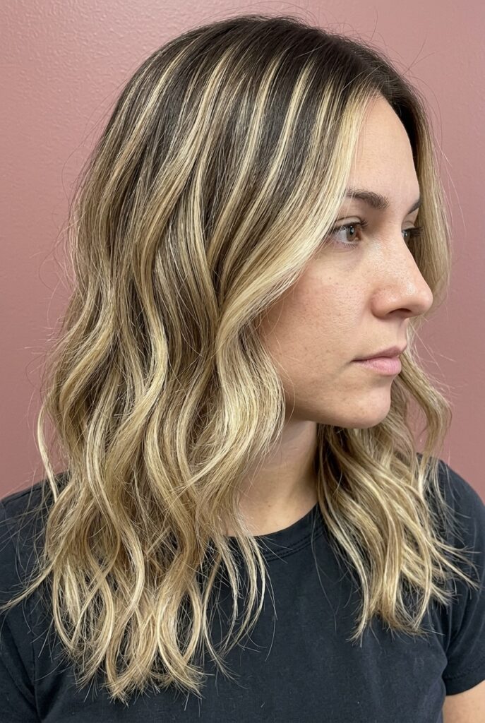 Lived-in blonde hair with honey highlights and golden wheat ribbon tones