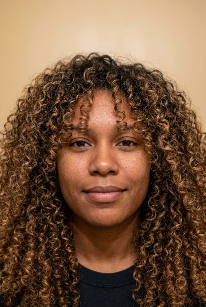 Lived-in caramel blonde hair with warm honey tones and sun-kissed dimension