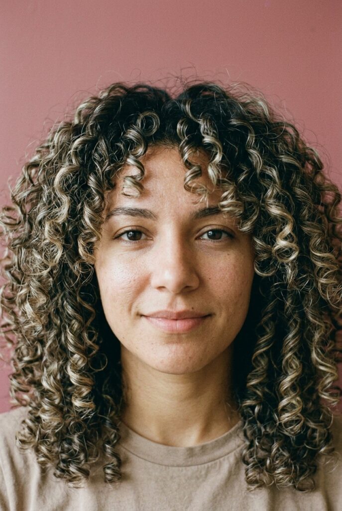 Woman with lived-in curly blonde featuring deep brown base and earthy highlights