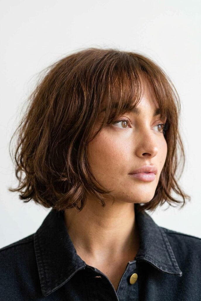 Layered French bob with soft tousled texture, chin-length shape, and effortless Parisian style