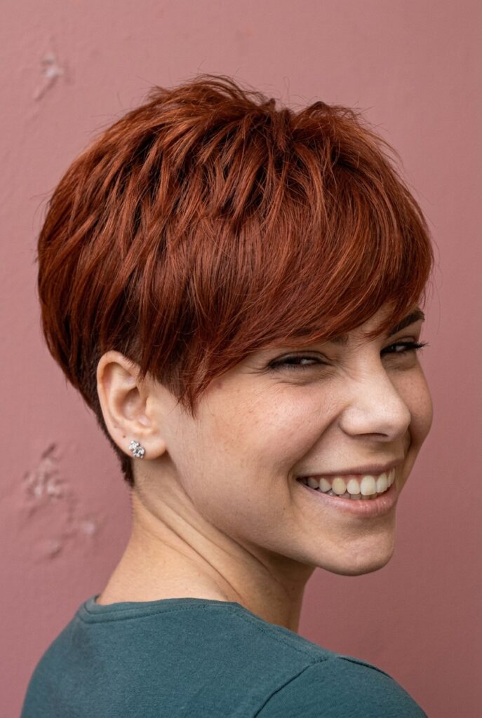 Short layered pixie cut with textured red hair and soft volume for a modern feminine look