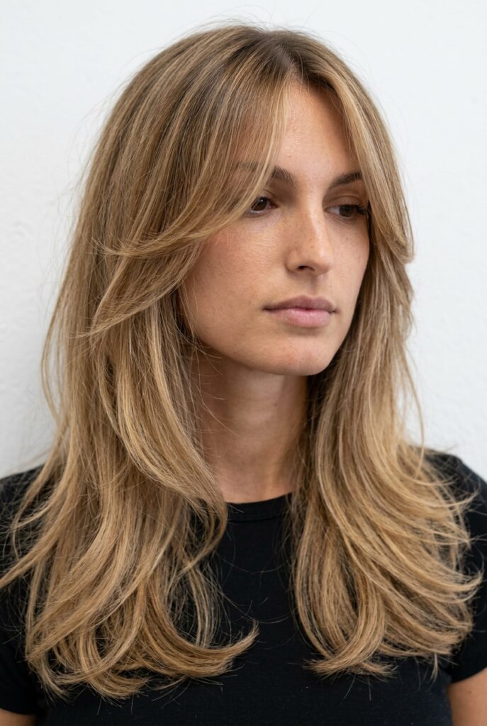 Long blowout layers with crown volume and curved face-framing pieces