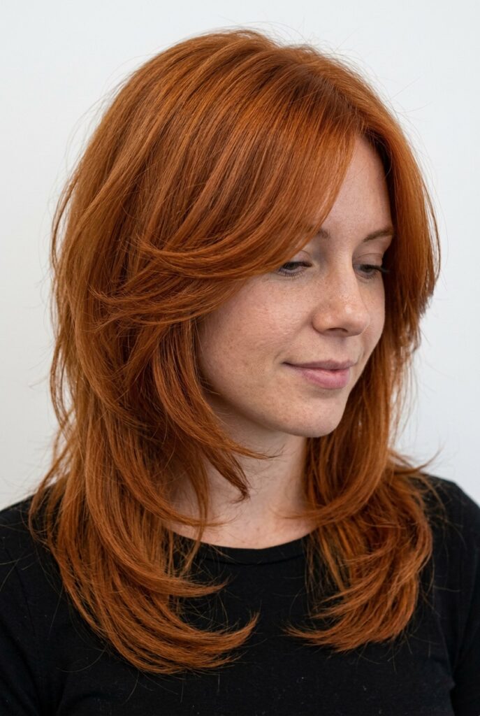 Long haircut with gentle taper reducing weight on thick hair