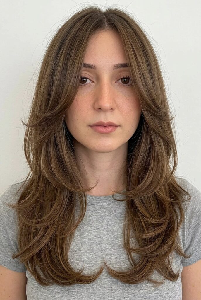 Long layered haircut with layers placed high for fuller ends